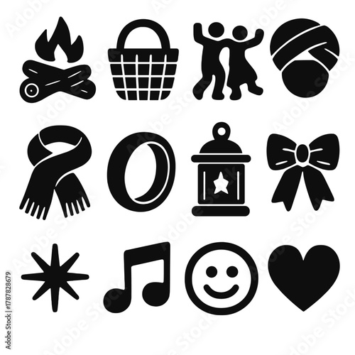 Festive Icon Set. Festive Traditions bold vector icon set: firewood, basket, dancing figures, turban, scarf, bangle, lantern, ribbon, spark, song note, smiley face, heart.