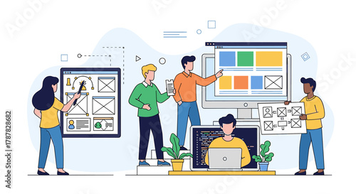 A team of designers and developers collaborate on a website layout, reviewing wireframes and code.