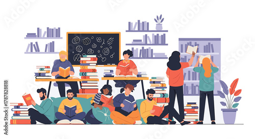 People reading books in a library setting, surrounded by bookshelves and stacks of books.