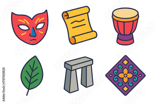 World Traditions Icons. World Traditions modern flat icon set: mask, scroll, hand drum, leaf, monument, ornament.