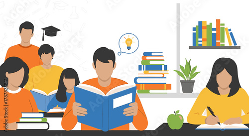 Students studying together, reading books, and focused on learning in a classroom.