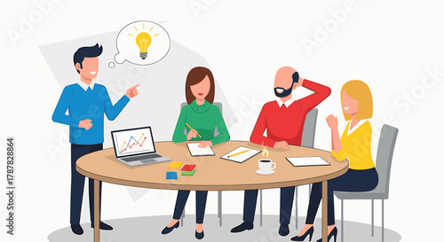 A group of four people sit around a table, brainstorming with a lightbulb idea above one person's head.