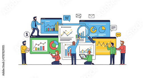 A team of people analyzing data charts and graphs displayed on multiple screens, using a magnifying glass for closer inspection.