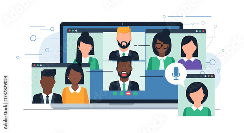 A laptop screen displays a virtual meeting with several diverse participants shown in individual video windows. A microphone icon is present.