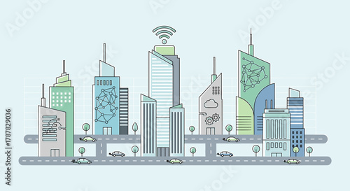 Illustration of a modern city skyline with connected buildings, roads, and cars, showcasing technology and urban development.
