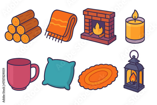 Cozy Home Icons. Cozy Interior modern flat icon set: log wall, wool blanket, fireplace, candle, mug, pillow, rug, lantern.