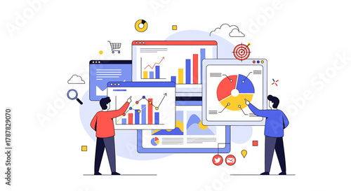 Two individuals analyze data presented in charts and graphs on multiple computer screens, illustrating teamwork and data analysis.