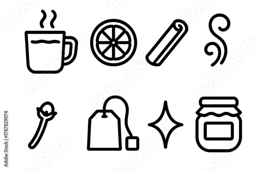 Tea Ingredients Icons. Classic Recipe outline icon set: glass mug, lemon slice, cinnamon stick, honey jar, steam swirl, clove, tea bag, sparkle.