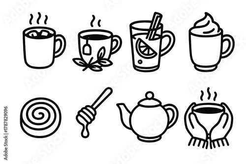 Cozy Winter Drinks. Comforting Winter Sips outline icon set: hot chocolate, herbal tea, mulled drink, mug with cream, cinnamon swirl, honey spoon, tea pot, cozy hands.