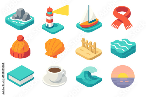 Seaside Winter Icons. Seaside Winter Wander modern flat icon set: rocky coast, lighthouse beam, sailboat, scarf, wool hat, sea shell, dune fence, ocean ripple, book, coffee cup,