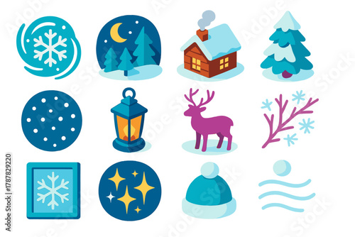 Enchanted Snowfall Icons. Enchanted snowfall icons modern flat icon set: snowflake swirl, moonlit forest, cabin with smoke, snow-covered pine, falling snow dots, lantern glow, deer