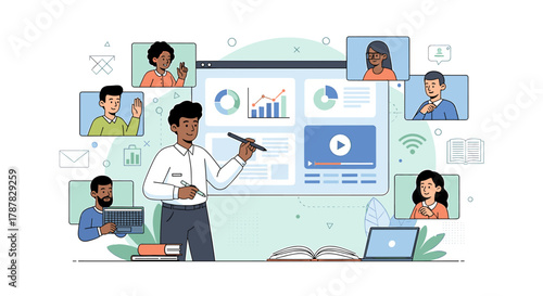 Illustration of a man presenting data charts on a screen during a video conference with several participants.