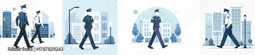 A police officer patrolling on foot near buildings, flat design, simple and minimalistic style, white background, vector illustration