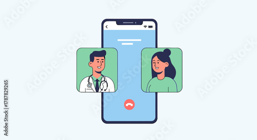 Illustration depicting a doctor consulting with a patient via video call on a smartphone.