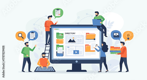 Team collaborating on a website design project, with people interacting around a large computer screen and digital files.