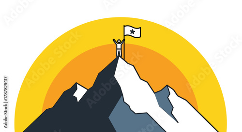 Person celebrating success at the mountain peak, holding a flag with a star, against a rising sun.