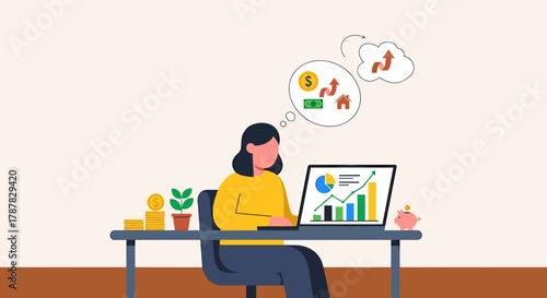 A woman sits at a desk, analyzing financial data on a laptop, dreaming of investments.