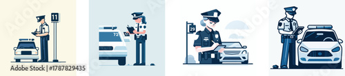 A police officer writing a ticket beside a car, flat design, simple and minimalistic style, white background