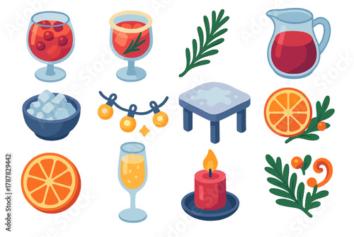 Festive Winter Cocktails. Winter Cocktails modern flat icon set: cranberry spritz, sugared rim, rosemary garnish, glass pitcher, crushed ice, glowing lights, frosted table, citrus