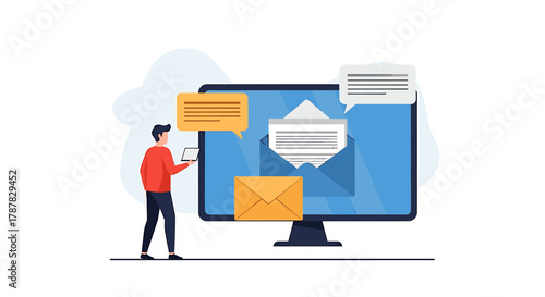 Man with tablet sending emails from computer, with message bubbles and envelope icons.