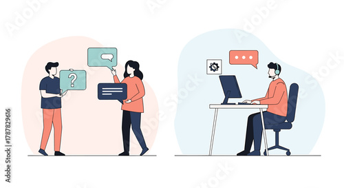 Illustration of two people holding speech bubbles and a man working at a computer with a headset, representing communication and customer support.