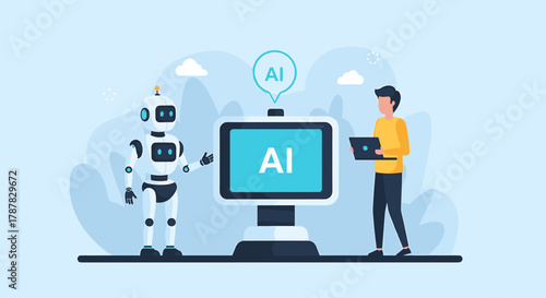 Illustration of a man with a laptop interacting with a robot and an AI interface on a screen.