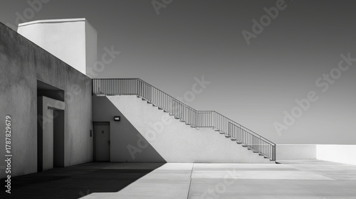 Clean architectural composition in monochrome tones, emphasizing geometric forms, sharp lines, and dynamic shadows for a timeless modern look