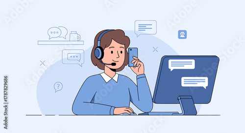 A customer service representative assisting a client using phone and computer.