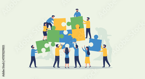 Team members assembling puzzle pieces, symbolizing collaboration and teamwork.