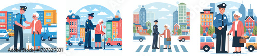 A police officer helping an elderly person cross the street, flat design, simple and minimalistic style, white background