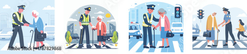 A police officer helping an elderly person cross the street, flat design, simple and minimalistic style, white background
