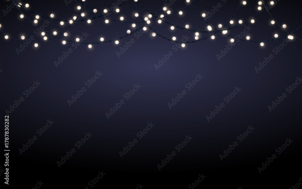 Obraz premium Dark blue festive background with realistic light bulb garlands. Christmas and new year backdrop, vector illustration.