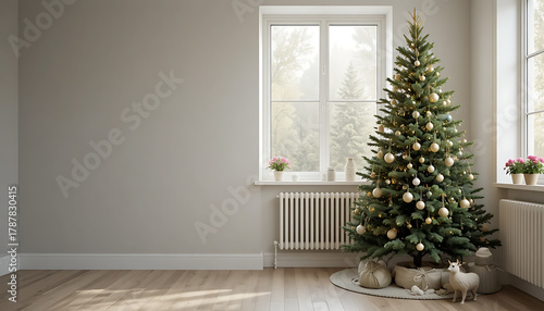 Decorated Christmas Tree in Bright Living Room with Natural Light and Plush Toys