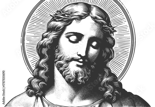 Jesus Christ with a crown of thorns and radiant halo sketch engraving generative ai fictional character vector illustration. Scratch board imitation. Black and white image.