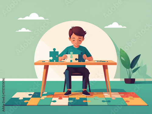 Little boy is putting together a puzzle