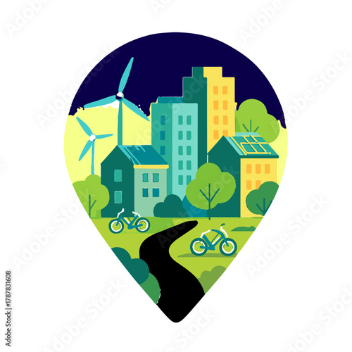 Eco Friendly City with Wind Turbines and Bicycles color vector