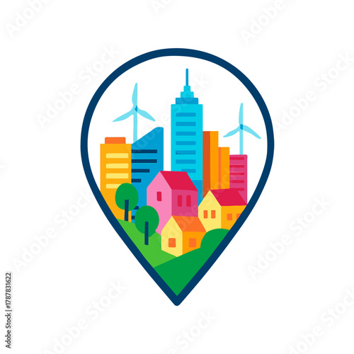 Modern City Location Pin with Buildings and Wind Turbines color vector