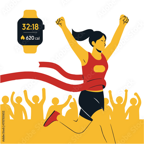 Female Runner Winning Race with Smartwatch Tracking Calories color vector