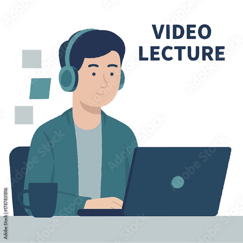 Boy Attending Video Lecture on Laptop color vector