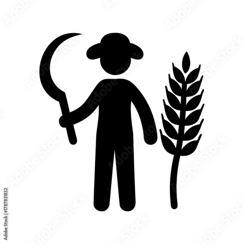 Farmer with sickle and wheat stalk icon for agriculture concept Vector, illustration