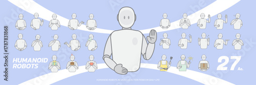Humanoid robots in various action poses in daily life 27 action. 