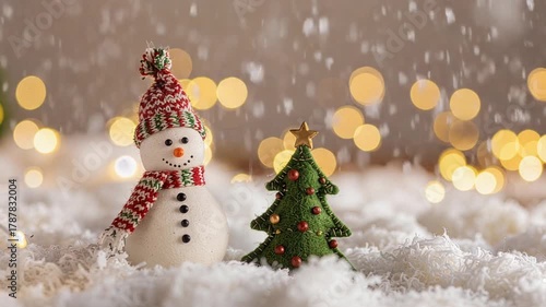 Snowman and Christmas tree with falling snow and bokeh lights, winter holiday background﻿