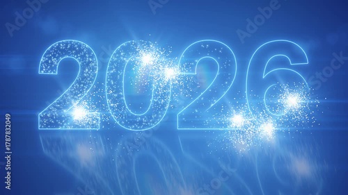 Video animation of abstract neon light with the numbers 2026 on a reflective floor against a blue background - represents the new year - vacation concept.