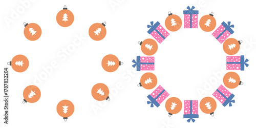 Two round holiday frames with  beautiful pink gift,  blue ribbon and an orange Christmas ball. Christmas, New Year. Flat vector design. Winter holidays. Two icons isolated on  white background.