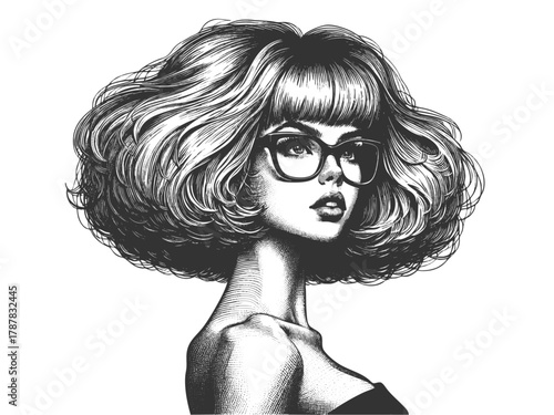 fashionable woman with retro hairstyle, bold glasses, confident expression on white background sketch engraving generative ai fictional character vector illustration. Scratch board. Black and white.