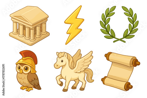 Ancient greek symbols: temple, lightning, laurel, owl, pegasus, scroll art icons