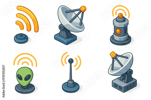 Colorful icon set of communication devices and alien illustration