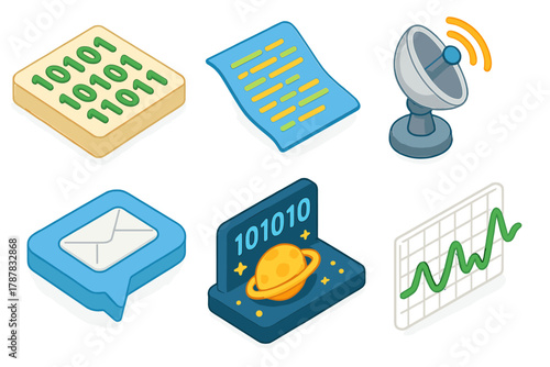 Isometric icons of digital communication and data analysis