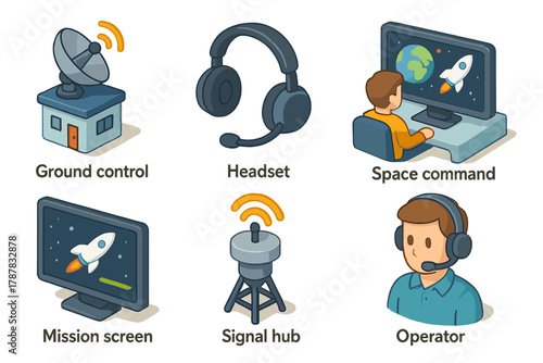 Space mission control elements: ground control, headset, space command, mission screen, signal hub, operator