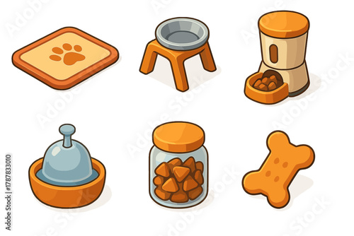 Collection of cartoon pet accessories: bowls, food, treats, toys, and containers